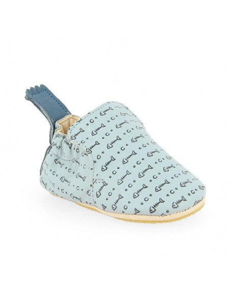 Chaussons cuir Blublu Pesce écume/noir avec semelle antidérapante - EASY PEASY