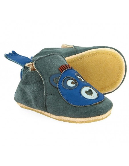 Chaussons cuir Blublu Ours storm/cobalt avec semelle antidérapante - EASY PEASY