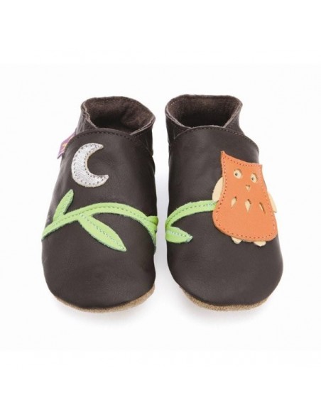 Chaussons cuir enfant Owl In Chocolate And Orange STARCHILD