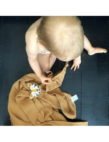 Doudou Tigre en double gaze de coton camel -...