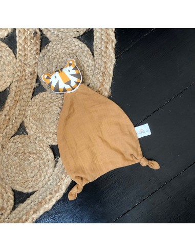 Doudou Tigre en double gaze de coton camel -...