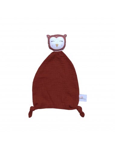 Doudou Hibou en double gaze rouge terracotta - CAROTTE & CIE 0+