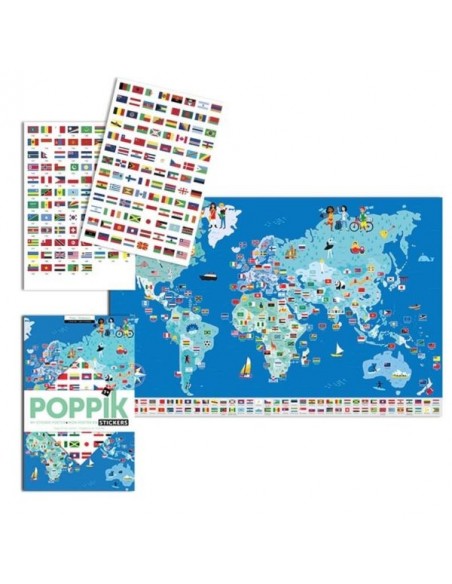 Poster pédagogique + 200 stickers DRAPEAUX DU MONDE (7-12 ans) - POPPIK