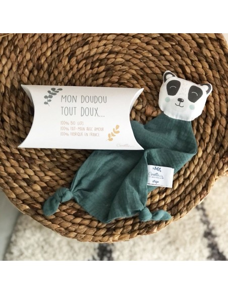 Doudou Panda en double gaze vert eucalyptus - CAROTTE & CIE 0+