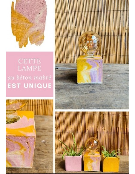 Lampe cube béton marbré rose et jaune - JUNNY