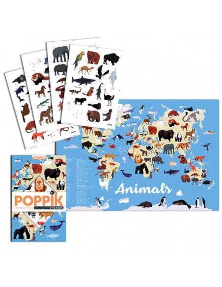 Poster pédagogique + 67 stickers ANIMAUX DU MONDE (5-12 ans) - POPPIK