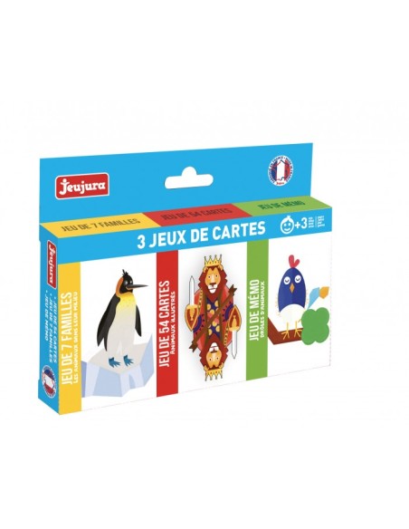 coffret 3 jeux de cartes : 54 cartes - 7 famille - memo - JEUJURA 3+
