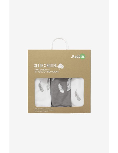 Set de 3 bodies ML coton bio plume grise - KADOLIS