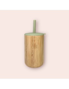 Verre en bambou avec couvercle et paille en silicone -...