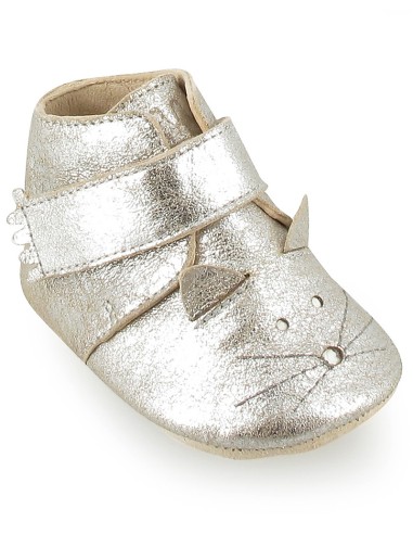 Chaussons Kiny Chat silver en cuir avec semelle antidérapante - EASY PEASY