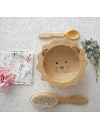 Set de repas bébé lion en bambou et silicone -...