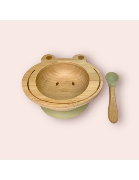Set de repas bébé Grenouille en bambou et silicone ( bol + cuillère ) - CAP BAMBOU 0+