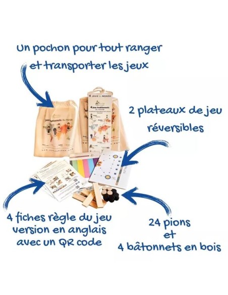 4 Jeux du Monde - Pochon nomade - Made in France - ENVOYAJEUX