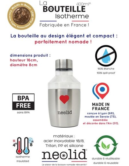 Gourde bouteille isotherme - made in France - 400ml Crush - Inox - NEOLID