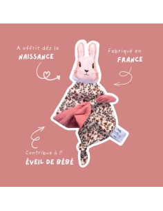 Doudou Lapin en double gaze de coton Fleuri rose thé-... 2