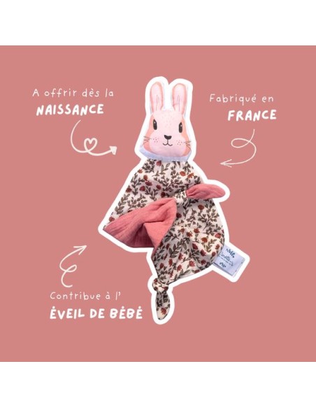 Doudou Lapin en double gaze de coton Fleuri rose thé- CAROTTE & CIE 0+