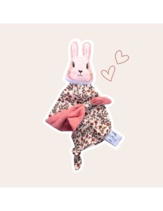 Doudou Lapin en double gaze de coton Fleuri rose thé-...