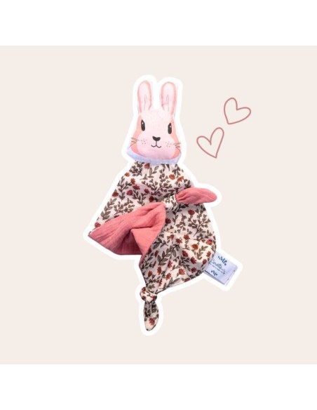 Doudou Lapin en double gaze de coton Fleuri rose thé- CAROTTE & CIE 0+